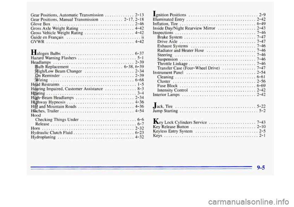 GMC SIERRA 1996 Owners Manual Gear Positions. Automatic Transmission ............. 2- 13
Gear Positions. Manual Transmission .......... 2- 17. 2- 18
GloveBox .................................... 2-46
Gross Axle Weight Ra GMC SIERRA 1996 Owners Manual Gear Positions. Automatic Transmission ............. 2- 13
Gear Positions. Manual Transmission .......... 2- 17. 2- 18
GloveBox .................................... 2-46
Gross Axle Weight Ra