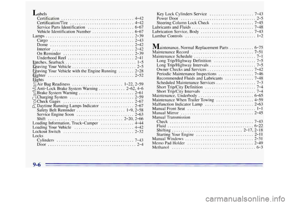 GMC SIERRA 1996 Owners Manual Labels Certification
................................. 4-42
CertificatiodTire
............................. 4-42
Service Parts Identification
..................... 6-67
Vehicle Identification GMC SIERRA 1996 Owners Manual Labels Certification
................................. 4-42
CertificatiodTire
............................. 4-42
Service Parts Identification
..................... 6-67
Vehicle Identification