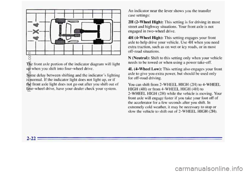 GMC SIERRA 1996 Manual Online The front axle portion of the indicator diagram will light
up when
you shift into four-wheel drive.
Some delay between shifting and the indicators lighting
is normal. If the indicator light do GMC SIERRA 1996 Manual Online The front axle portion of the indicator diagram will light
up when
you shift into four-wheel drive.
Some delay between shifting and the indicators lighting
is normal. If the indicator light do