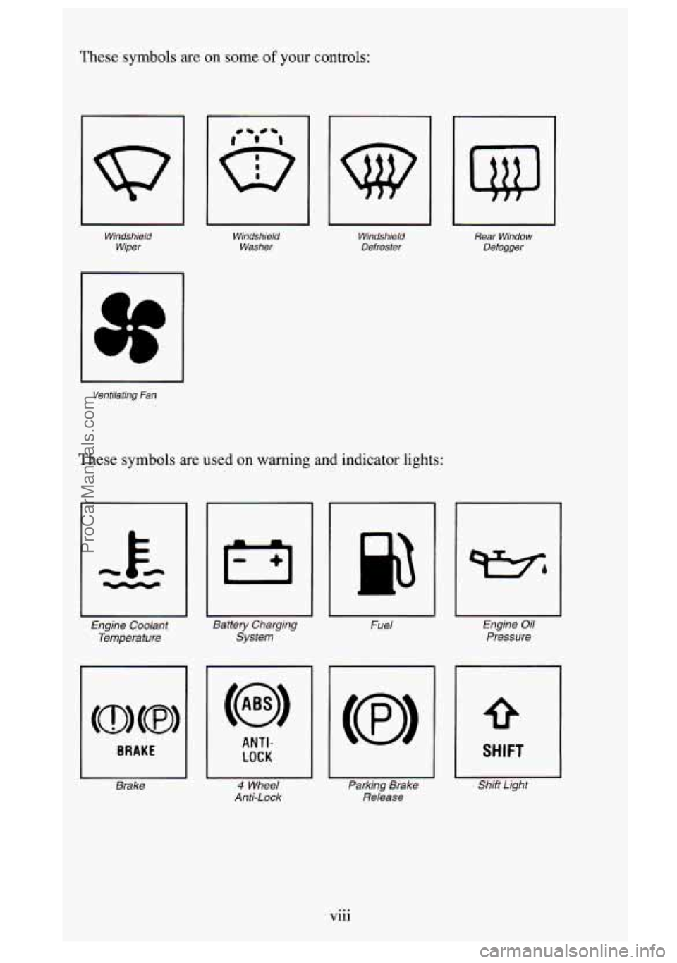 GMC SIERRA 1995 User Guide These symbols are on some of your controls:
uu
Windshield Wiper Windshield
Washer
I I
Windshield Defroster
Ventilating Fan
These symbols are used on warning and indicator lights:
Engine Co GMC SIERRA 1995 User Guide These symbols are on some of your controls:
uu
Windshield Wiper Windshield
Washer
I I
Windshield Defroster
Ventilating Fan
These symbols are used on warning and indicator lights:
Engine Co