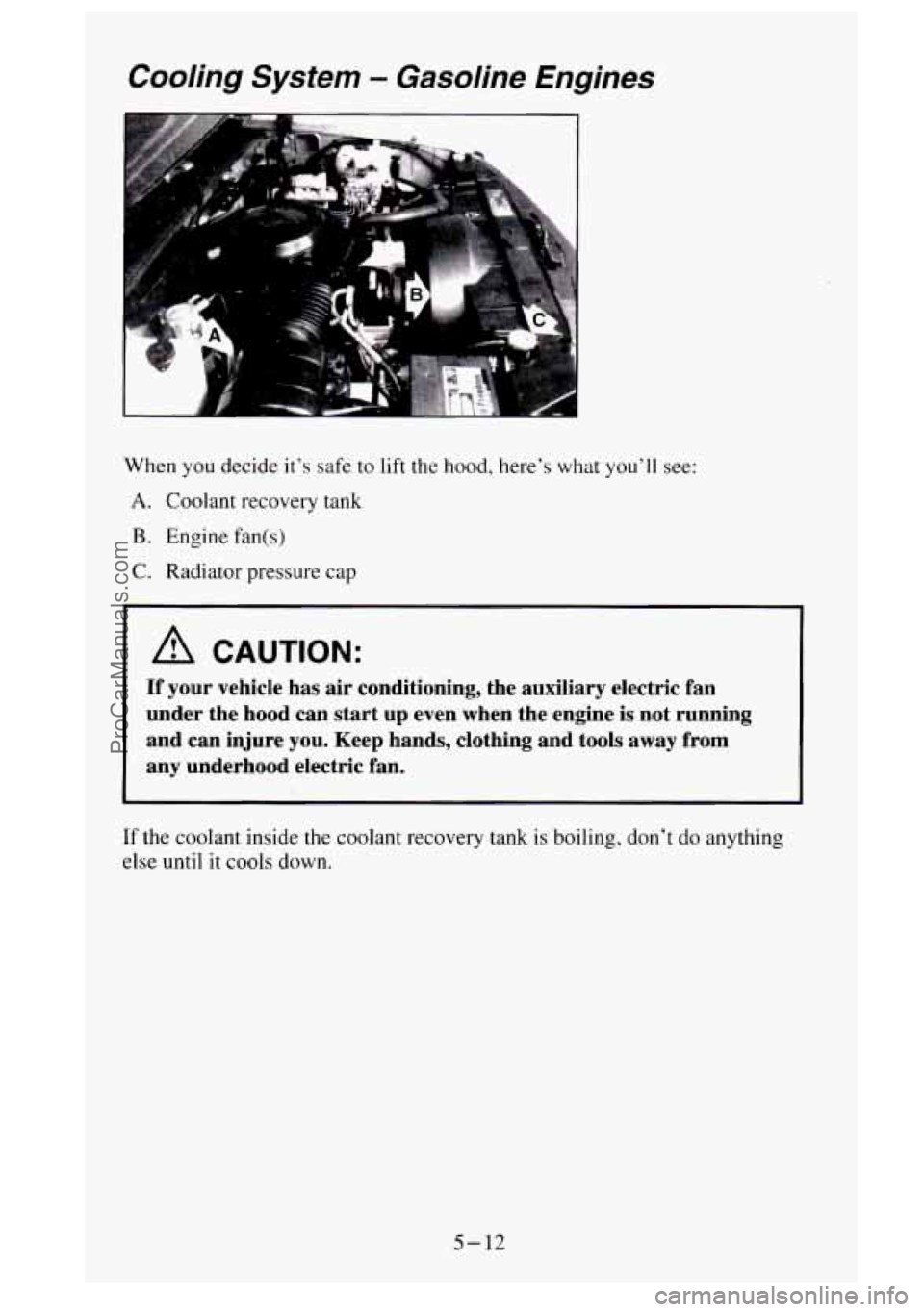 GMC SIERRA 1995  Owners Manual Cooling System - Gasoline  Engines 
When you decide  it’s safe  to lift the hood, here’s what you’ll see: 
A. Coolant recovery tank 
B. Engine  fan(s) 
C. Radiator  pressure  cap 
I A CAUTION: 
