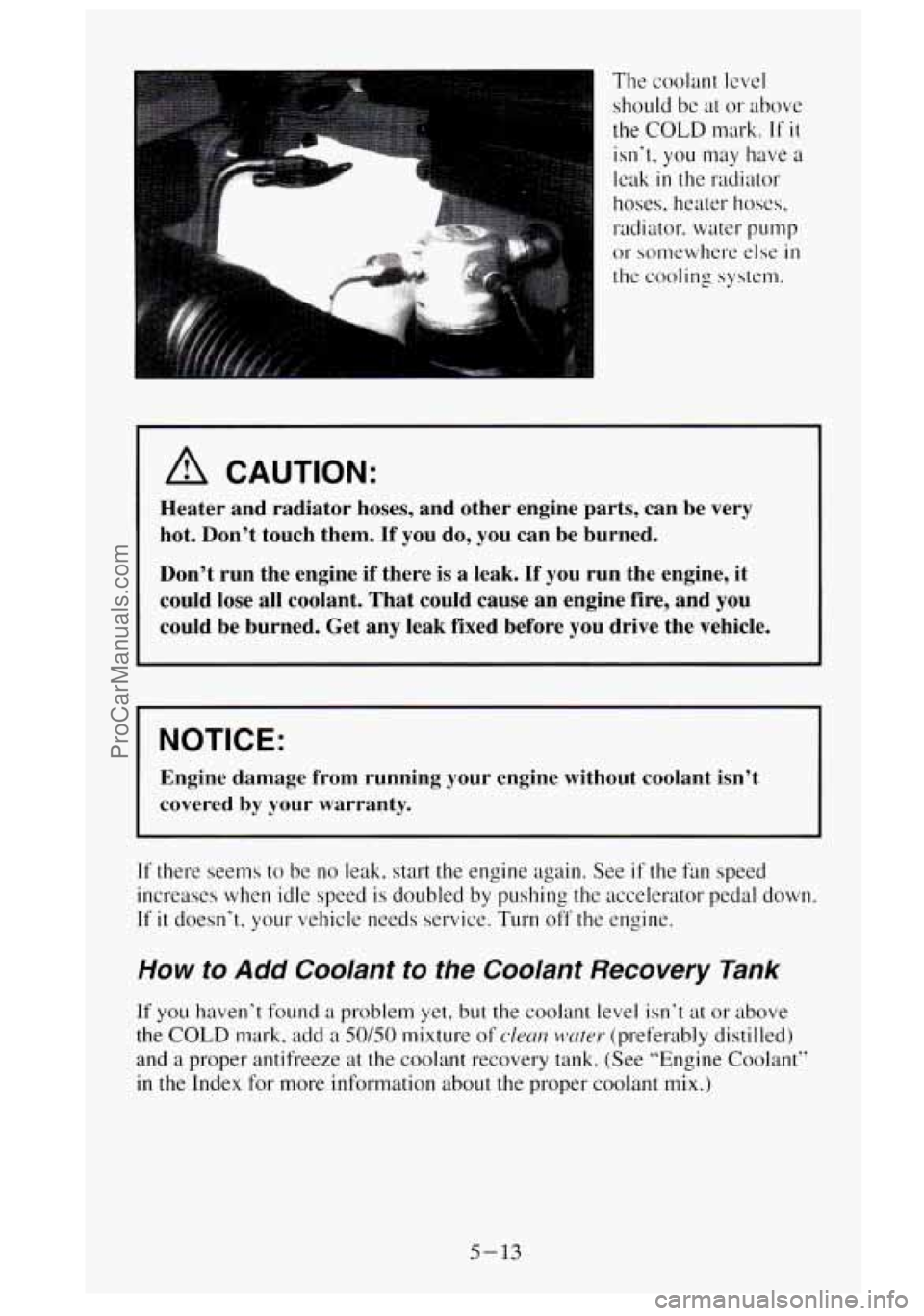 GMC SIERRA 1995  Owners Manual The coolant level 
should be a1 or above 
the 
COLD mark. If it 
isn’t,  you  may  have a 
leak in the radiator 
hoses. heater hoses, 
radiator. water 
pump 
or  somewhere  else in 
the cooling syst
