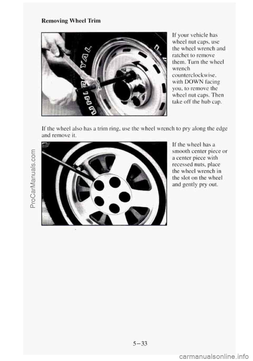GMC SIERRA 1995  Owners Manual Kemoving Wheel Trim 
If your  vehicle has 
wheel 
nut caps, use 
the  wheel  wrench  and 
ratchet 
to remove 
them.  Turn the  wheel 
wrench 
counterclockwise. 
with DOWN facing 
you, to remove  the 
