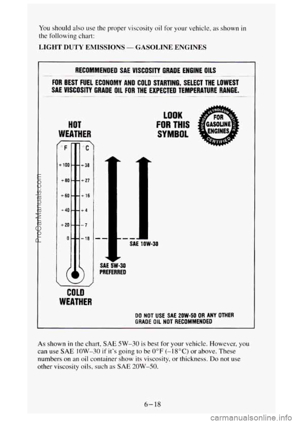 GMC SIERRA 1995 Owners Manual You should also use the proper viscosity oil for your vehicle, as shown in
the following chart:
LIGHT DUTY EMISSIONS - GASOLINE ENGINES
FOR BEST FUEL ECONOMY AND COLD STARTING, SELECT THE GMC SIERRA 1995 Owners Manual You should also use the proper viscosity oil for your vehicle, as shown in
the following chart:
LIGHT DUTY EMISSIONS - GASOLINE ENGINES
FOR BEST FUEL ECONOMY AND COLD STARTING, SELECT THE