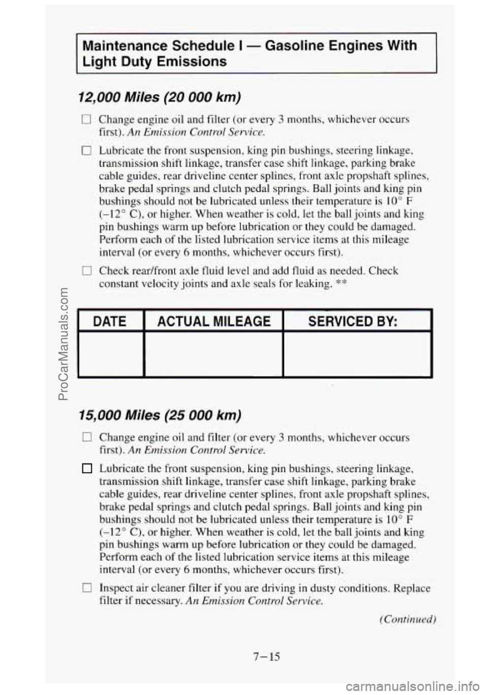 GMC SIERRA 1995 Owners Manual Maintenance Schedule I - Gasoline Engines With
Light Duty Emissions
12,000 Miles (20 000 km)
0 Change engine oil and filter (or every 3 months, whichever occurs
first).
An Emission Cont GMC SIERRA 1995 Owners Manual Maintenance Schedule I - Gasoline Engines With
Light Duty Emissions
12,000 Miles (20 000 km)
0 Change engine oil and filter (or every 3 months, whichever occurs
first).
An Emission Cont