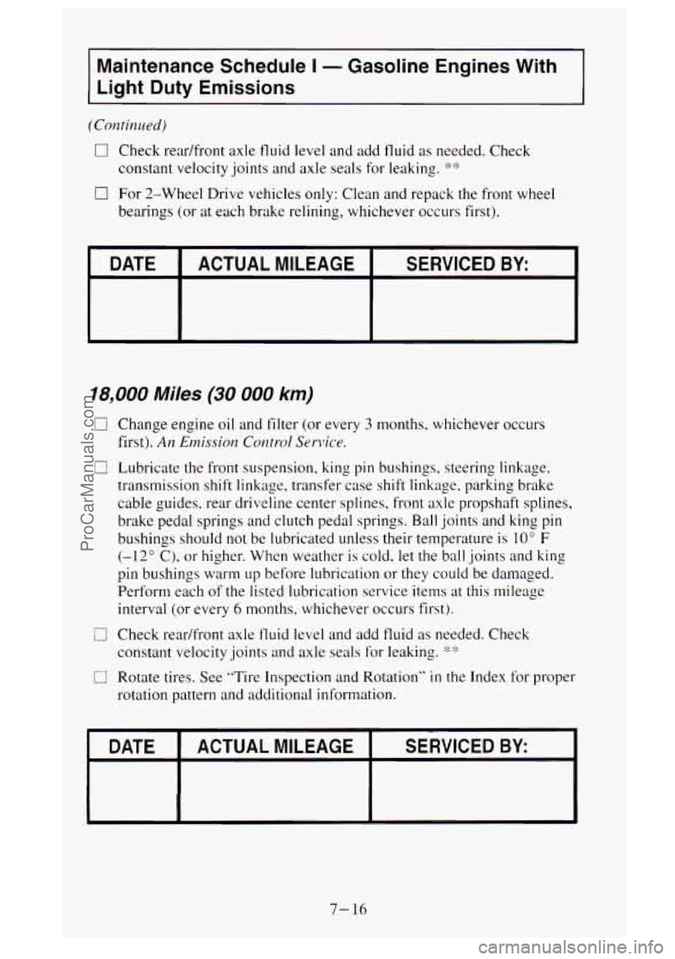 GMC SIERRA 1995 Owners Manual Maintenance Schedule I - Gasoline Engines With
Light Duty Emissions
(Continued)
0 Check rear/front axle fluid level and add fluid as needed. Check
constant velocity joints and axle seals GMC SIERRA 1995 Owners Manual Maintenance Schedule I - Gasoline Engines With
Light Duty Emissions
(Continued)
0 Check rear/front axle fluid level and add fluid as needed. Check
constant velocity joints and axle seals