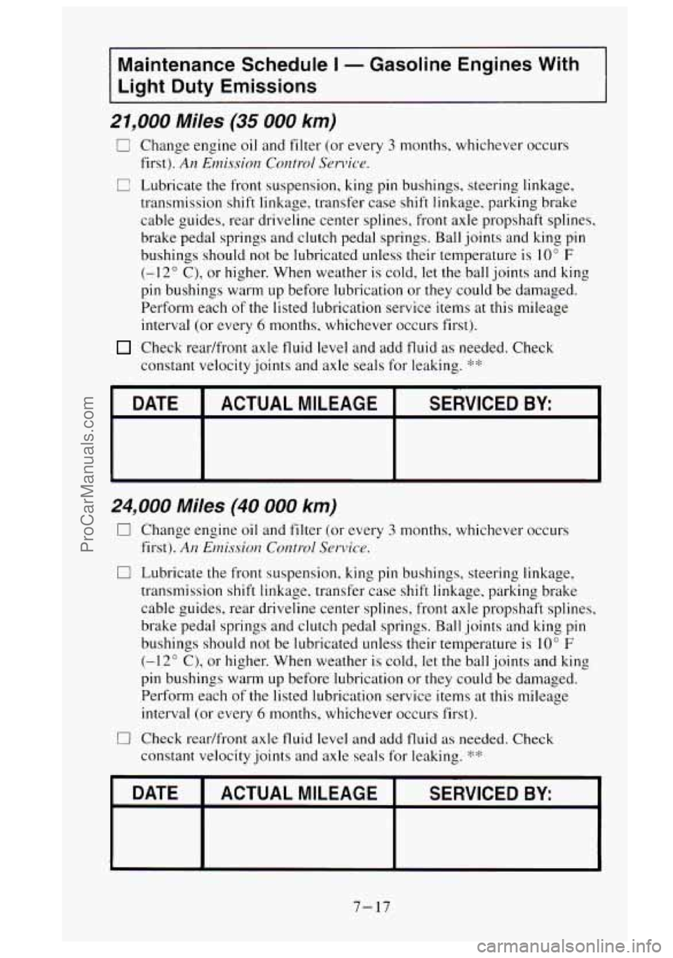 GMC SIERRA 1995 Owners Manual Maintenance Schedule 1 - Gasoline Engines With
Light Duty Emissions
21,000 Miles (35 000 km)
0
0
Change engine oil and filter (or every 3 months, whichever occurs
first).
An Emissiot GMC SIERRA 1995 Owners Manual Maintenance Schedule 1 - Gasoline Engines With
Light Duty Emissions
21,000 Miles (35 000 km)
0
0
Change engine oil and filter (or every 3 months, whichever occurs
first).
An Emissiot