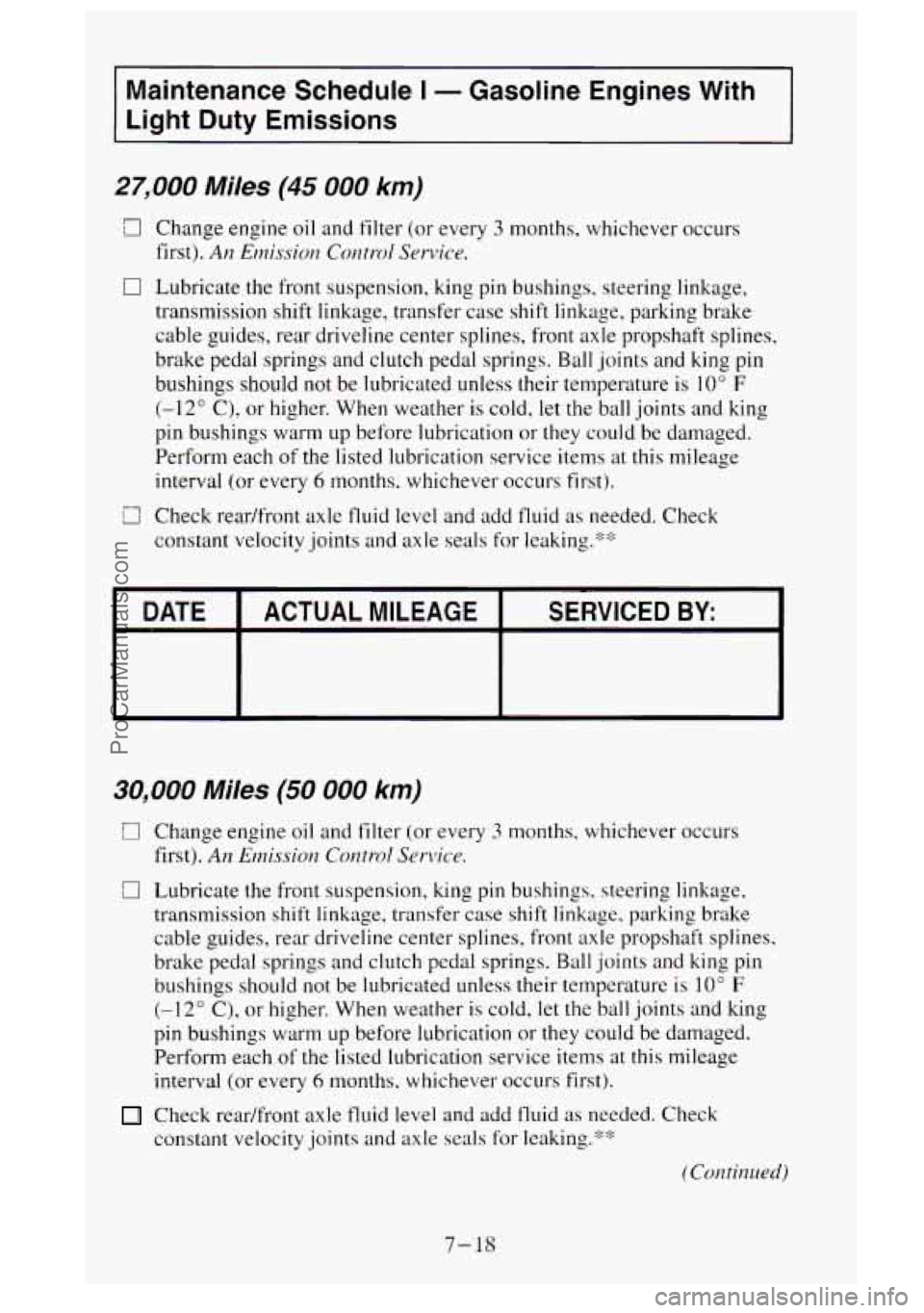 GMC SIERRA 1995 Owners Manual Maintenance Schedule I - Gasoline Engines With
Light Duty Emissions
27,000 Miles (45 000 km)
a Change engine oil and filter (or every 3 months. whichever occurs
first).
Arz Enzissiorz C GMC SIERRA 1995 Owners Manual Maintenance Schedule I - Gasoline Engines With
Light Duty Emissions
27,000 Miles (45 000 km)
a Change engine oil and filter (or every 3 months. whichever occurs
first).
Arz Enzissiorz C