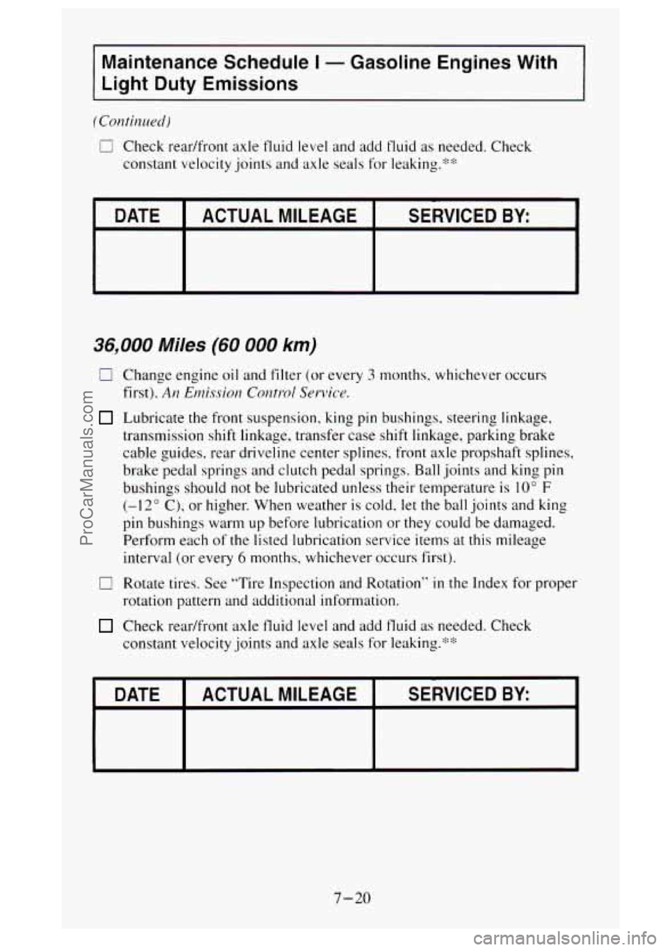 GMC SIERRA 1995 Owners Manual Maintenance Schedule I - Gasoline Engines With
Light Duty Emissions ~~ ~~~~~
(Continued)
0 Check readfront axle fluid level and add fluid as needed. Check
constant velocity joints and ax GMC SIERRA 1995 Owners Manual Maintenance Schedule I - Gasoline Engines With
Light Duty Emissions ~~ ~~~~~
(Continued)
0 Check readfront axle fluid level and add fluid as needed. Check
constant velocity joints and ax