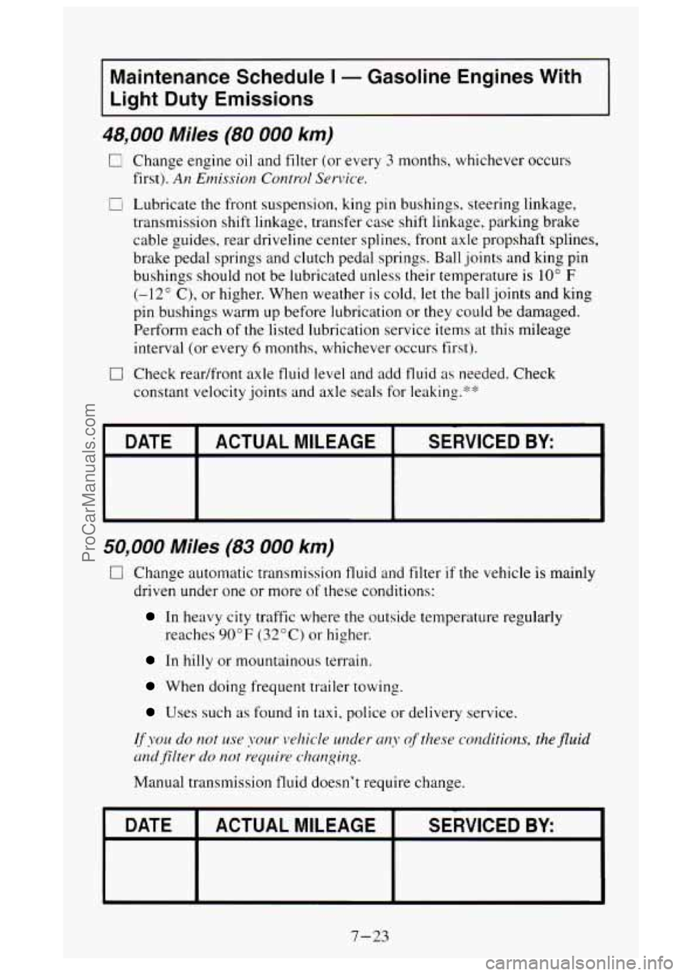 GMC SIERRA 1995 Owners Manual Maintenance Schedule I - Gasoline Engines With
Light Duty Emissions
48,000 Miles (80 000 km)
0 Change engine oil and filter (or every 3 months, whichever occurs
first).
An Emission Control GMC SIERRA 1995 Owners Manual Maintenance Schedule I - Gasoline Engines With
Light Duty Emissions
48,000 Miles (80 000 km)
0 Change engine oil and filter (or every 3 months, whichever occurs
first).
An Emission Control