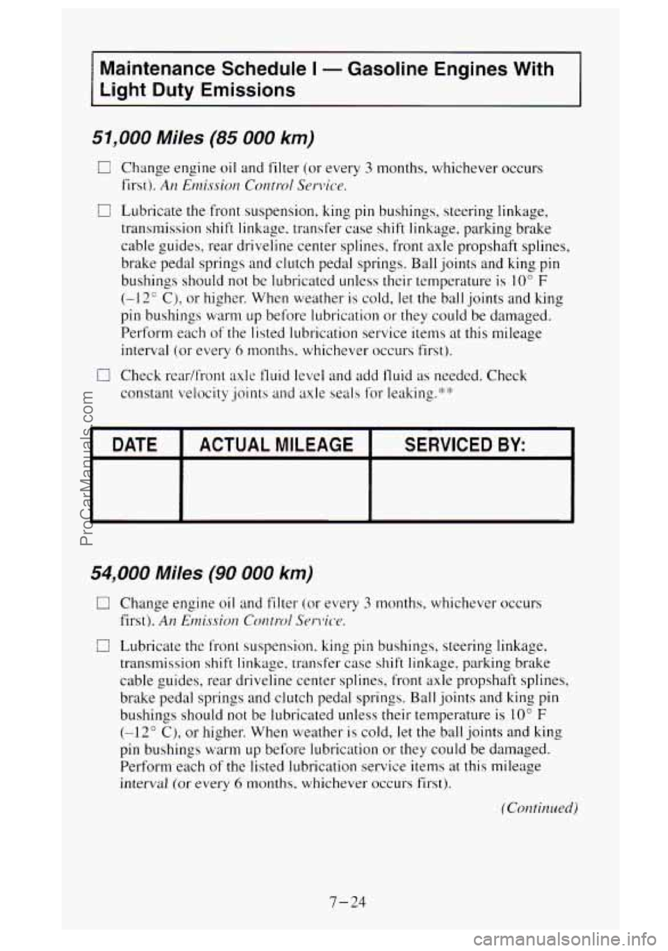 GMC SIERRA 1995 Owners Manual Maintenance Schedule I - Gasoline Engines With
Light Duty Emissions
51,000 Miles (85 000 km)
El Change engine oil and filter (or every 3 months, whichever occurs
first). An Emissitm Corztro GMC SIERRA 1995 Owners Manual Maintenance Schedule I - Gasoline Engines With
Light Duty Emissions
51,000 Miles (85 000 km)
El Change engine oil and filter (or every 3 months, whichever occurs
first). An Emissitm Corztro