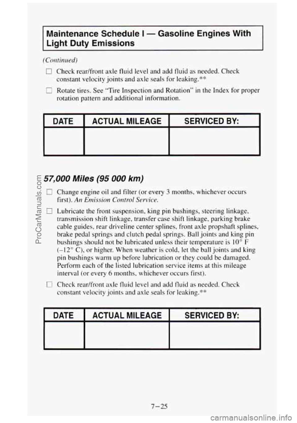 GMC SIERRA 1995 Owners Manual Maintenance Schedule I - Gasoline Engines With
Light Duty Emissions
(Continued)
0 Check readfront axle fluid level and add fluid as needed. Check
constant velocity joints and axle seals fo GMC SIERRA 1995 Owners Manual Maintenance Schedule I - Gasoline Engines With
Light Duty Emissions
(Continued)
0 Check readfront axle fluid level and add fluid as needed. Check
constant velocity joints and axle seals fo