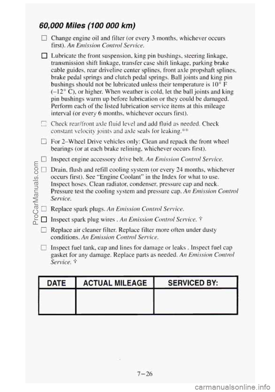 GMC SIERRA 1995 Owners Manual 60,000 Miles (100 000 km)
c;
0
0
0
il
0
Change engine oil and filter (or every 3 tnonths. whichever occurs
first).
AI? Emission Control Service.
Lubricate the front suspension. king pin GMC SIERRA 1995 Owners Manual 60,000 Miles (100 000 km)
c;
0
0
0
il
0
Change engine oil and filter (or every 3 tnonths. whichever occurs
first).
AI? Emission Control Service.
Lubricate the front suspension. king pin