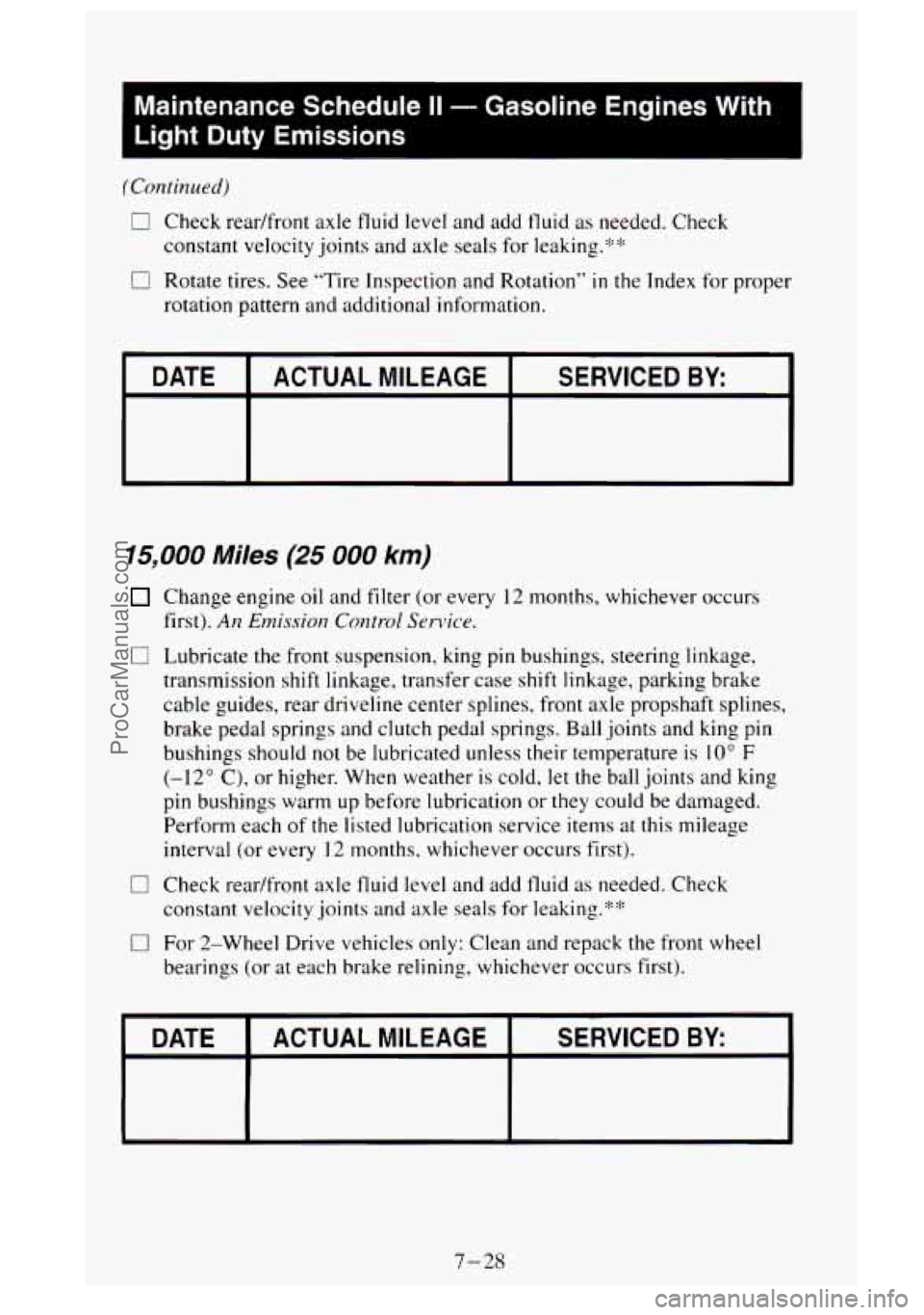 GMC SIERRA 1995 Owners Manual Maintenance Schedule II - Gasoline Engines With
Light Duty Emissions
(Continued)
0 Check readfront axle fluid level and add fluid as needed. Check
constant velocity joints and axle seals GMC SIERRA 1995 Owners Manual Maintenance Schedule II - Gasoline Engines With
Light Duty Emissions
(Continued)
0 Check readfront axle fluid level and add fluid as needed. Check
constant velocity joints and axle seals