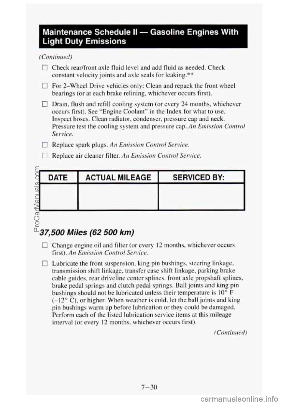 GMC SIERRA 1995 Owners Manual 0
0
0
0
0
Check readfront axle fluid level and add fluid as needed. Check
constant velocity joints and axle seals for leaking.*’*’
For 2-Wheel Drive vehicles only: Clean and repa GMC SIERRA 1995 Owners Manual 0
0
0
0
0
Check readfront axle fluid level and add fluid as needed. Check
constant velocity joints and axle seals for leaking.*’*’
For 2-Wheel Drive vehicles only: Clean and repa