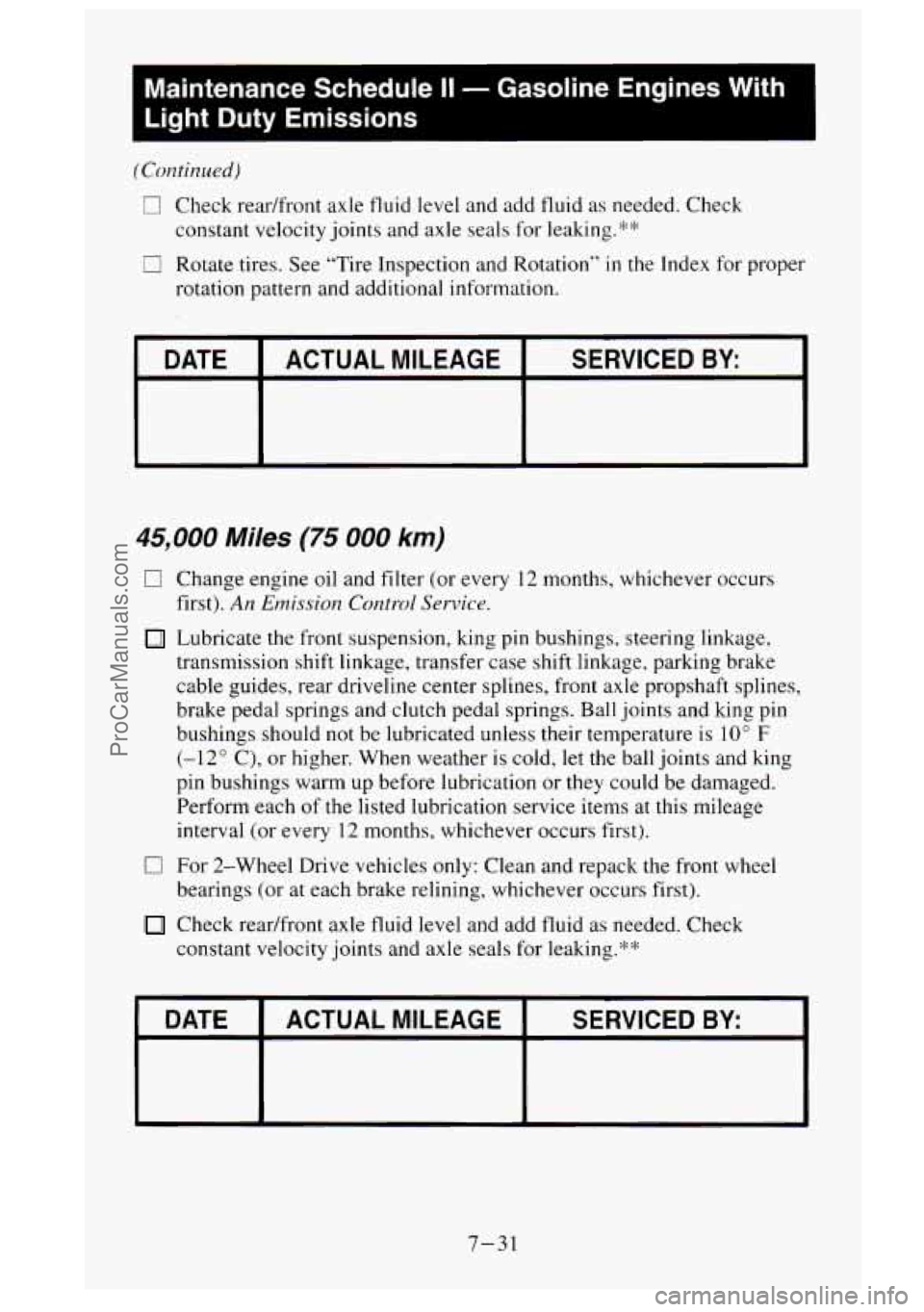 GMC SIERRA 1995 Owners Manual Maintenance Schedule II - Gasoline Engines With
Light Duty Emissions
(Continued)
U Check rear/front axle fluid level and add fluid as needed. Check
constant velocity joints and axle sea GMC SIERRA 1995 Owners Manual Maintenance Schedule II - Gasoline Engines With
Light Duty Emissions
(Continued)
U Check rear/front axle fluid level and add fluid as needed. Check
constant velocity joints and axle sea