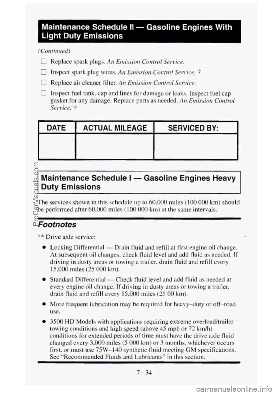 GMC SIERRA 1995 Owners Manual I
Maintenance Schedule II - Gasoline Engines With
Light Duty Emissions
0 Replace spark plugs. At1 Emission Control Senlice.
0 Inspect spark plug wires. Ai7 Emission Control Service. ;
0 R GMC SIERRA 1995 Owners Manual I
Maintenance Schedule II - Gasoline Engines With
Light Duty Emissions
0 Replace spark plugs. At1 Emission Control Senlice.
0 Inspect spark plug wires. Ai7 Emission Control Service. ;
0 R