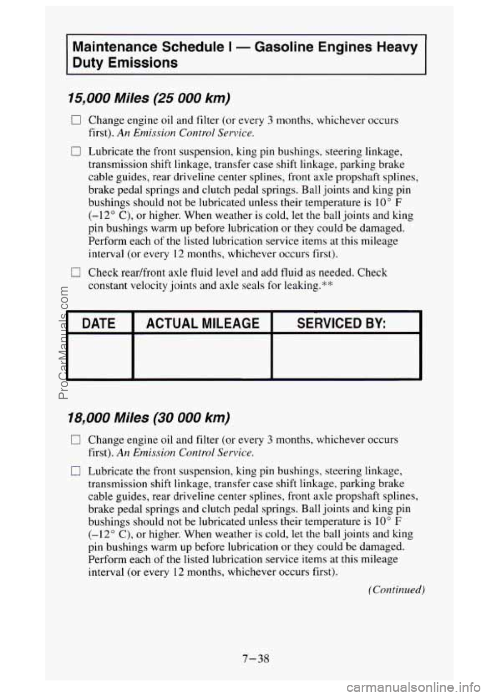 GMC SIERRA 1995 Owners Manual Maintenance Schedule I - Gasoline Engines Heavy
Duty Emissions
15,000 Miles (25 000 km)
0 Change engine oil and filter (or every 3 months, whichever occurs
first).
An Emission Control Servic GMC SIERRA 1995 Owners Manual Maintenance Schedule I - Gasoline Engines Heavy
Duty Emissions
15,000 Miles (25 000 km)
0 Change engine oil and filter (or every 3 months, whichever occurs
first).
An Emission Control Servic