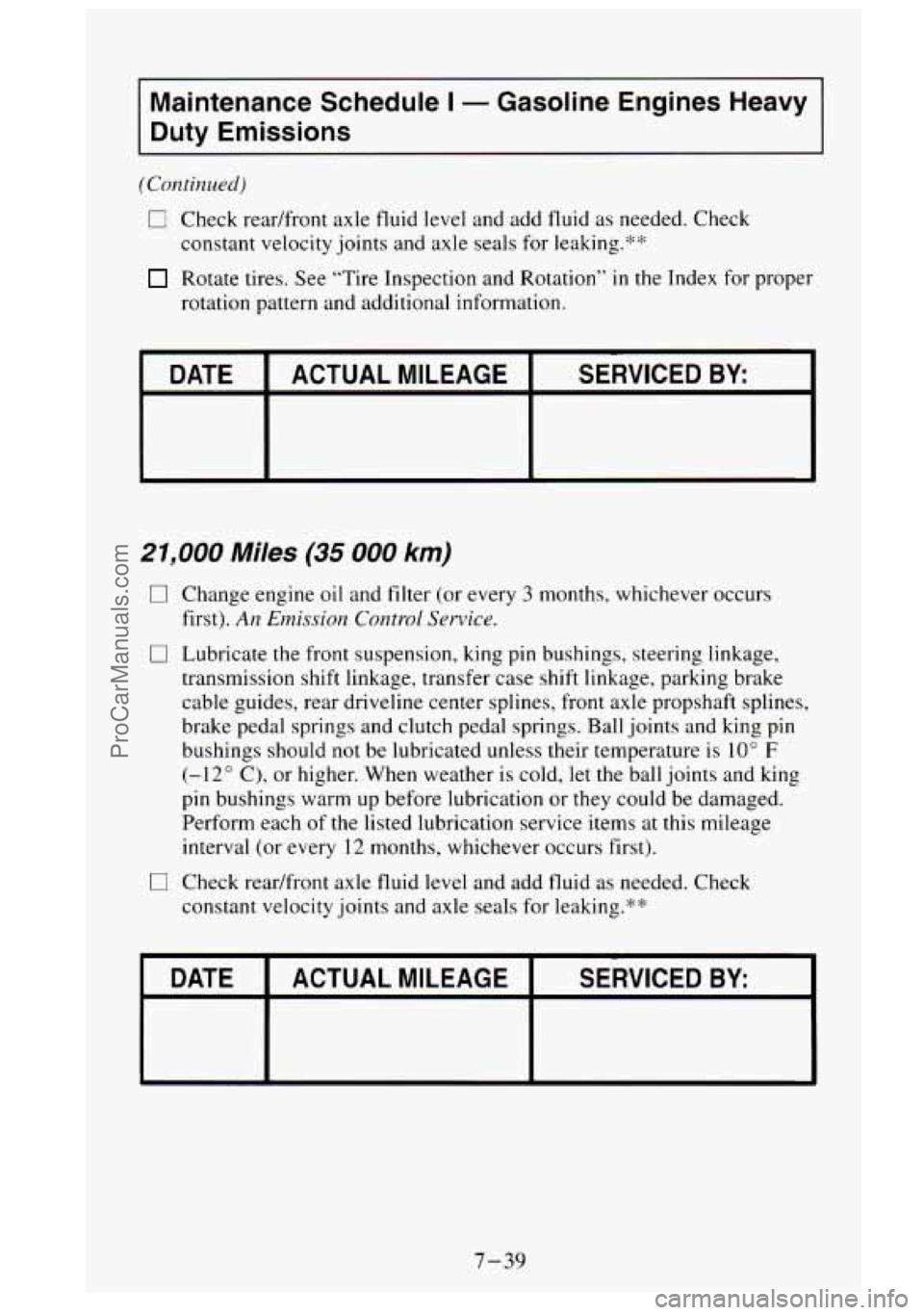 GMC SIERRA 1995 Owners Manual Maintenance Schedule I - Gasoline Engines Heavy
Duty Emissions
0 Check readfront axle fluid level and add fluid as needed. Check
constant velocity joints and axle seals for leaking.‘+:+
GMC SIERRA 1995 Owners Manual Maintenance Schedule I - Gasoline Engines Heavy
Duty Emissions
0 Check readfront axle fluid level and add fluid as needed. Check
constant velocity joints and axle seals for leaking.‘+:+
