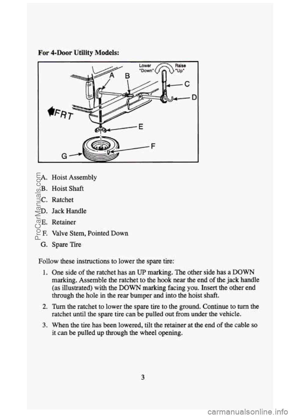 GMC SIERRA 1995 Owners Manual For 4-DOOr Utility Models:
A. Hoist Assembly
B. Hoist Shaft
C. Ratchet
D, Jack Handle
E. Retainer
E Valve Stem, Pointed Down
G. Spare Tire
Follow these instructions
to lower the s GMC SIERRA 1995 Owners Manual For 4-DOOr Utility Models:
A. Hoist Assembly
B. Hoist Shaft
C. Ratchet
D, Jack Handle
E. Retainer
E Valve Stem, Pointed Down
G. Spare Tire
Follow these instructions
to lower the s