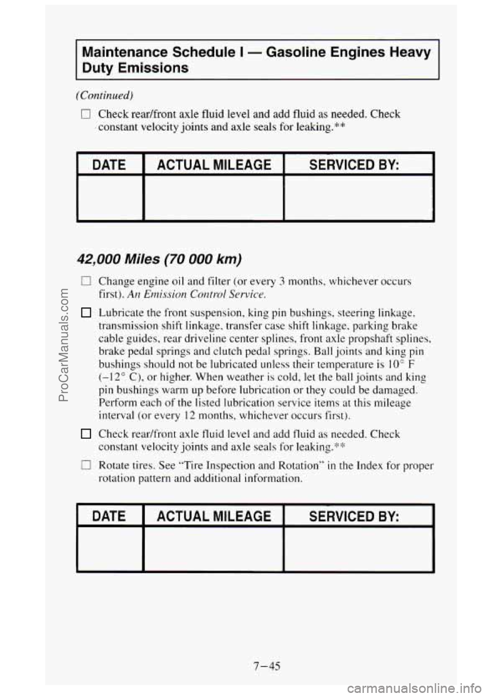 GMC SIERRA 1995 Owners Manual Maintenance Schedule I - Gasoline Engines Heavy
Duty Emissions
(Continued)
0 Check readfront axle fluid level and add fluid as needed. Check
. constant velocity joints and axle seals GMC SIERRA 1995 Owners Manual Maintenance Schedule I - Gasoline Engines Heavy
Duty Emissions
(Continued)
0 Check readfront axle fluid level and add fluid as needed. Check
. constant velocity joints and axle seals
