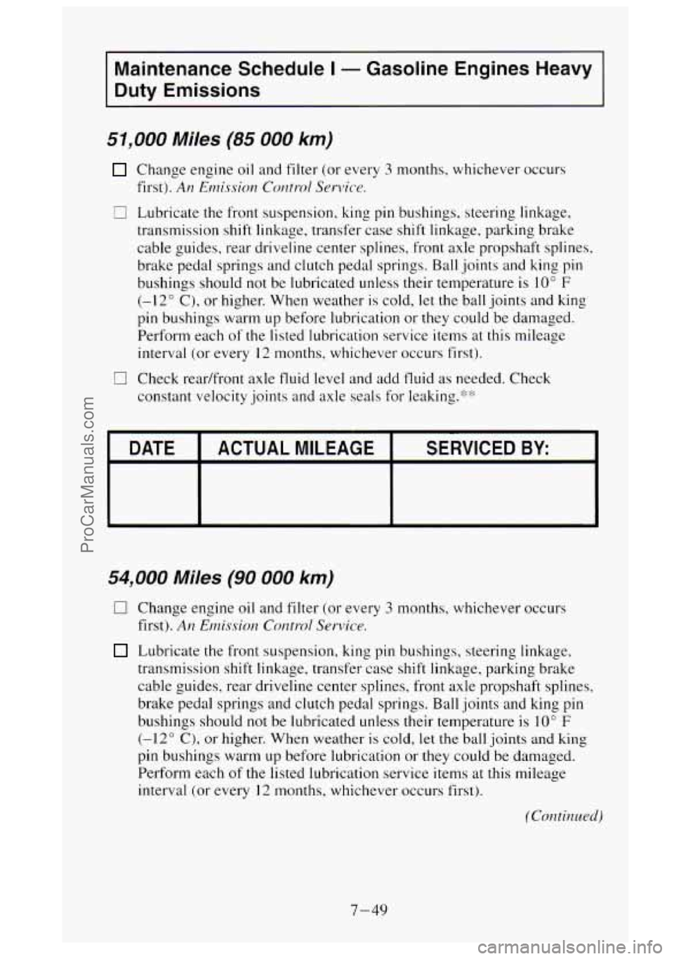 GMC SIERRA 1995 Owners Manual Maintenance Schedule I - Gasoline Engines Heavy
Duty Emissions
51,000 Miles (85 000 km)
Change engine oil and filter (or every 3 months, whichever occurs
first).
AI? Emission Cor.1trol GMC SIERRA 1995 Owners Manual Maintenance Schedule I - Gasoline Engines Heavy
Duty Emissions
51,000 Miles (85 000 km)
Change engine oil and filter (or every 3 months, whichever occurs
first).
AI? Emission Cor.1trol