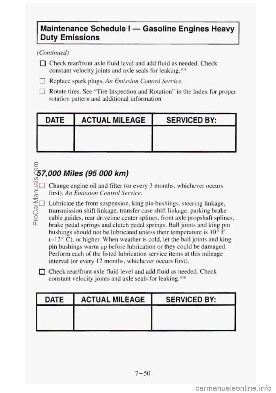 GMC SIERRA 1995 Owners Manual Maintenance Schedule I - Gasoline Engines Heavy
Duty Emissions
(Continued)
Check readfront axle fluid level and add tluid as needed. Check
constant velocity joints and axle seals for le GMC SIERRA 1995 Owners Manual Maintenance Schedule I - Gasoline Engines Heavy
Duty Emissions
(Continued)
Check readfront axle fluid level and add tluid as needed. Check
constant velocity joints and axle seals for le