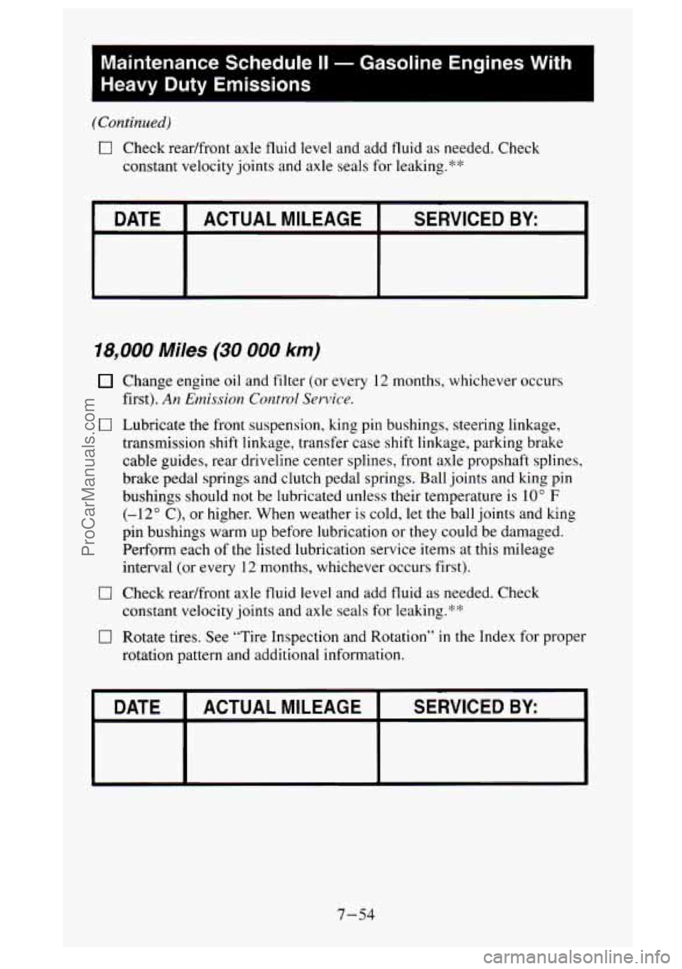 GMC SIERRA 1995 Owners Manual L
Maintenance Schedule II - Gasoline Engines With
Heavy
Duty Emissions
(Continued)
0 Check readfront axle fluid level and add fluid as needed. Check
constant velocity joints and axle se GMC SIERRA 1995 Owners Manual L
Maintenance Schedule II - Gasoline Engines With
Heavy
Duty Emissions
(Continued)
0 Check readfront axle fluid level and add fluid as needed. Check
constant velocity joints and axle se