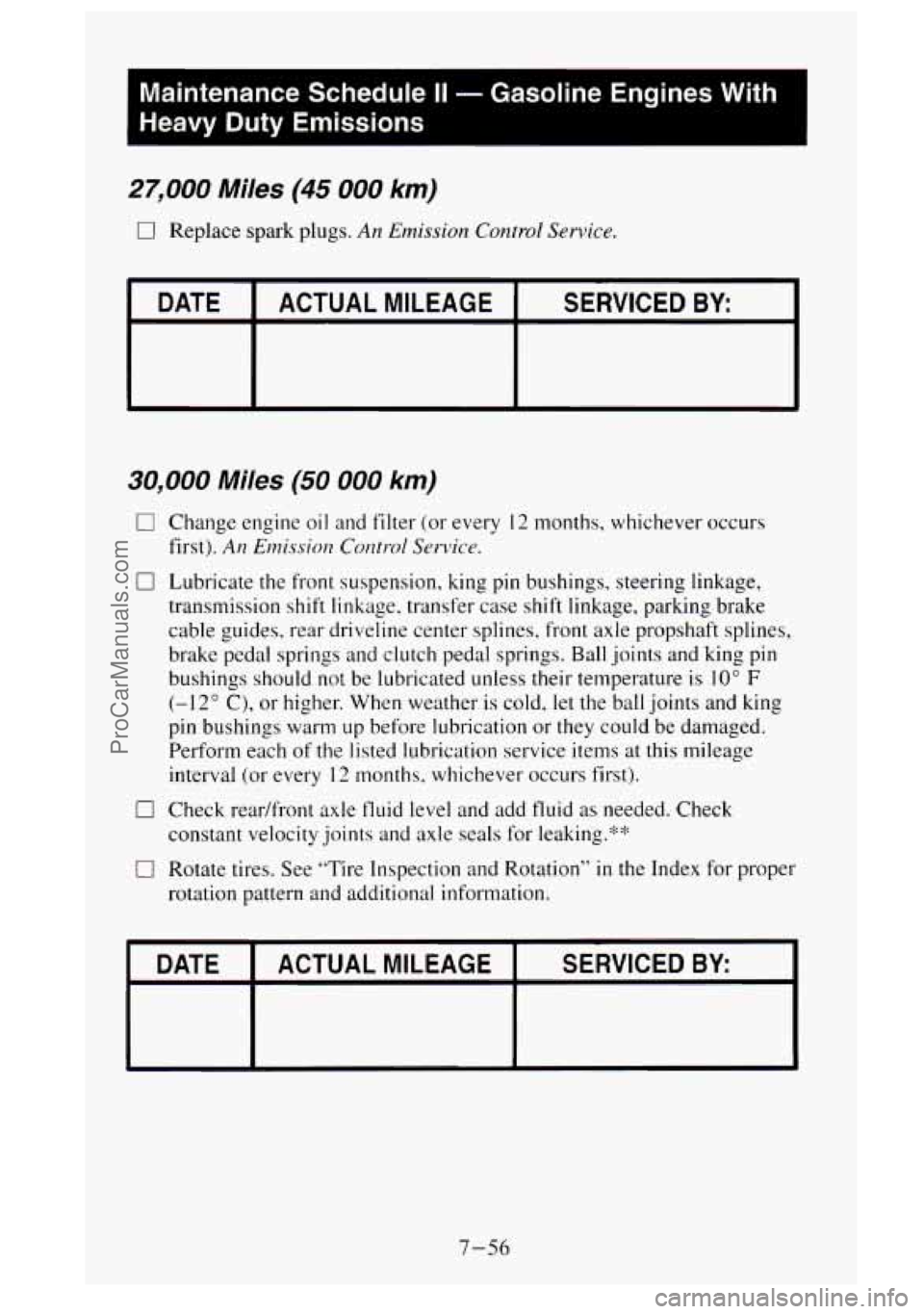 GMC SIERRA 1995 Owners Manual Maintenance Schedule II - Gasoline Engines With
Heavy Duty Emissions
27,000 Miles (45 000 km)
0 Replace spark plugs. An Emission Control Service.
DATE
SERVICED BY: ACTUAL MILEAGE
~~ -
30,000 GMC SIERRA 1995 Owners Manual Maintenance Schedule II - Gasoline Engines With
Heavy Duty Emissions
27,000 Miles (45 000 km)
0 Replace spark plugs. An Emission Control Service.
DATE
SERVICED BY: ACTUAL MILEAGE
~~ -
30,000