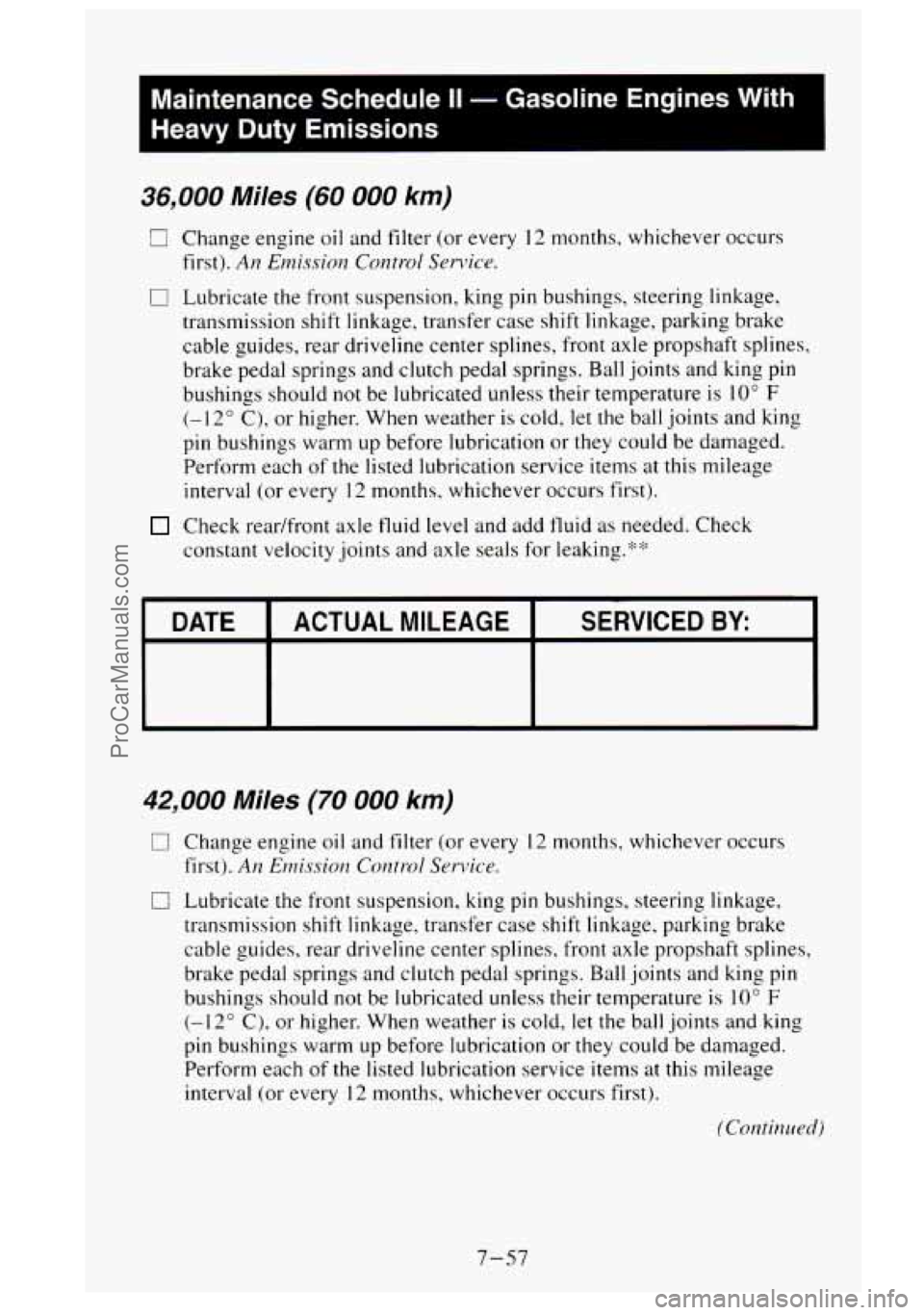 GMC SIERRA 1995 Owners Manual Maintenance Schedule II - Gasoline Engines With
Heavy Duty Emissions
36,000 Miles (60 008 km)
ci Change engine oil and filter (or every I2 months. whichever occurs
first).
AH Emissiot.r C GMC SIERRA 1995 Owners Manual Maintenance Schedule II - Gasoline Engines With
Heavy Duty Emissions
36,000 Miles (60 008 km)
ci Change engine oil and filter (or every I2 months. whichever occurs
first).
AH Emissiot.r C