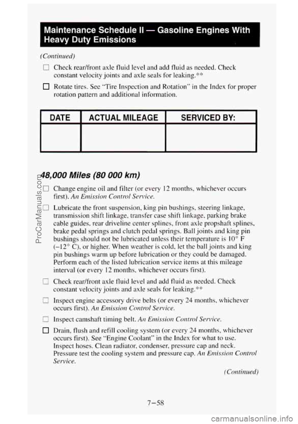 GMC SIERRA 1995 Owners Manual Maintenance Schedulell - Gasoline Engines With
Heavy Duty Emissions
(Continued) rn
0 Check readfront axle fluid level and add fluid as needed. Check
constant velocity joints and axle sea GMC SIERRA 1995 Owners Manual Maintenance Schedulell - Gasoline Engines With
Heavy Duty Emissions
(Continued) rn
0 Check readfront axle fluid level and add fluid as needed. Check
constant velocity joints and axle sea