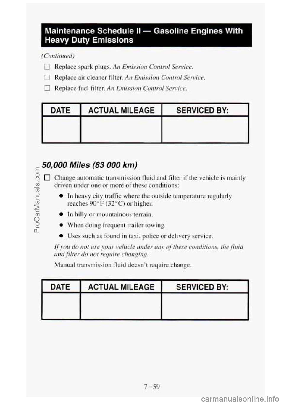 GMC SIERRA 1995 Owners Manual Maintenance Schedule II - Gasoline Engines With
Heavy Duty Emissions
DATE SERVICED BY: ACTUAL MILEAGE
50,000 Miles (83 000 km)
Change automatic transmission fluid and filter if the vehicl GMC SIERRA 1995 Owners Manual Maintenance Schedule II - Gasoline Engines With
Heavy Duty Emissions
DATE SERVICED BY: ACTUAL MILEAGE
50,000 Miles (83 000 km)
Change automatic transmission fluid and filter if the vehicl