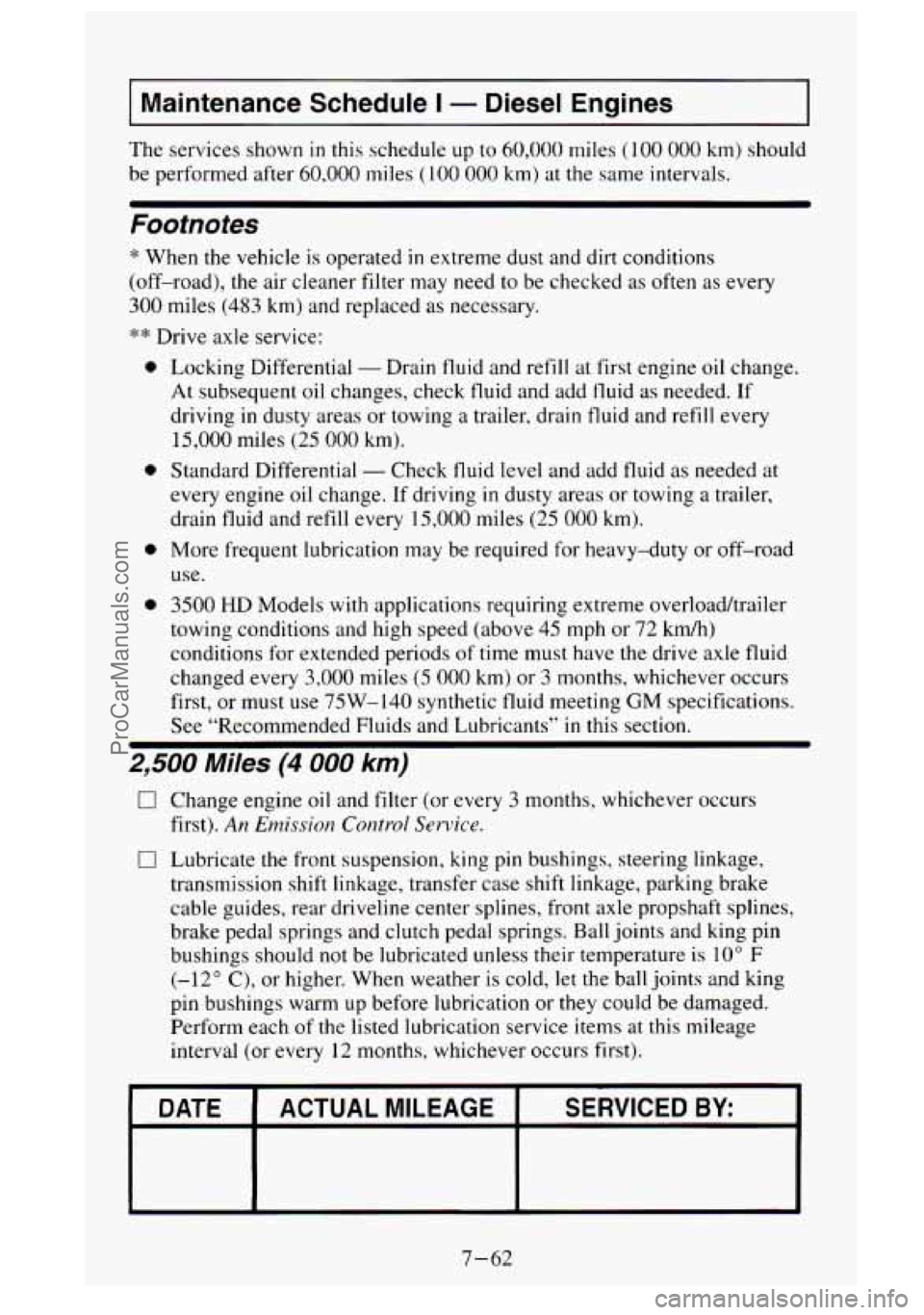 GMC SIERRA 1995 Owners Manual Maintenance Schedule I - Diesel Engines
The services shown in this schedule up to 60,000 miles (100 000 km) should
be performed after
60,000 miles (100 000 km) at the same intervals.
Foot GMC SIERRA 1995 Owners Manual Maintenance Schedule I - Diesel Engines
The services shown in this schedule up to 60,000 miles (100 000 km) should
be performed after
60,000 miles (100 000 km) at the same intervals.
Foot
