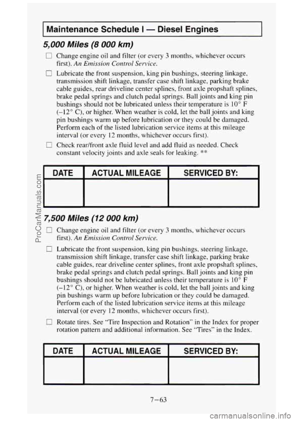 GMC SIERRA 1995 Owners Manual I Maintenance Schedule I - Diesel Engines I
5,000 Miles (8 000 km)
0 Change engine oil and filter (or every 3 months, whichever occurs
first).
An Emission Control Service.
0 Lubricate t GMC SIERRA 1995 Owners Manual I Maintenance Schedule I - Diesel Engines I
5,000 Miles (8 000 km)
0 Change engine oil and filter (or every 3 months, whichever occurs
first).
An Emission Control Service.
0 Lubricate t