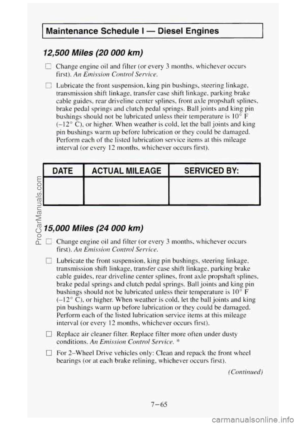GMC SIERRA 1995 Owners Manual Maintenance Schedule I - Diesel Engines -
12,500 Miles (20 000 km)
Change engine oil and filter (or every 3 months, whichever occurs
first).
An Emission Control Service.
Il Lubricate the front GMC SIERRA 1995 Owners Manual Maintenance Schedule I - Diesel Engines -
12,500 Miles (20 000 km)
Change engine oil and filter (or every 3 months, whichever occurs
first).
An Emission Control Service.
Il Lubricate the front