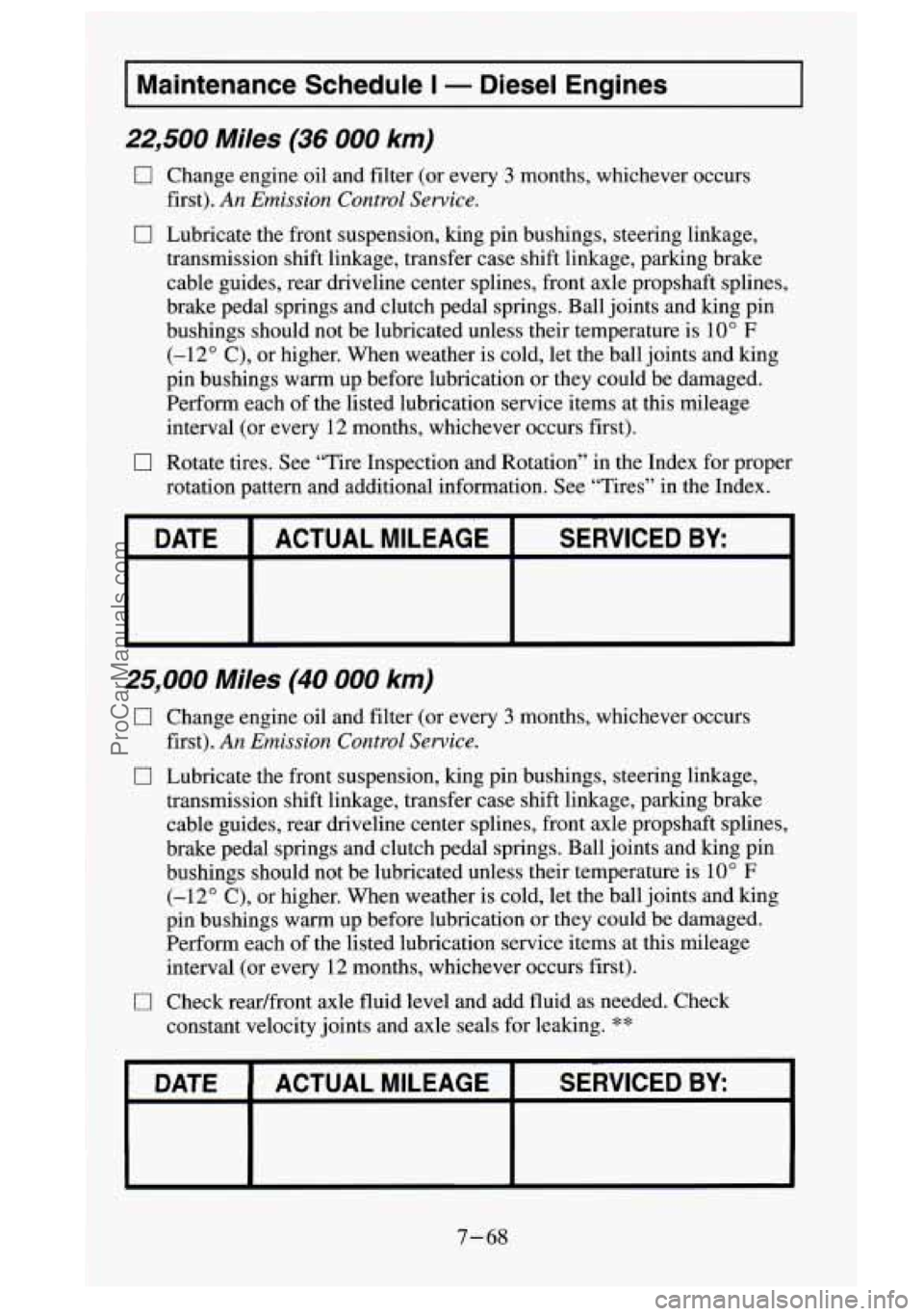GMC SIERRA 1995 Owners Manual Maintenance Schedule I - Diesel Engines
22,500 Miles (36 000 km)
0 Change engine oil and filter (or every 3 months, whichever occurs
first).
An Emission Control Service.
0 Lubricate GMC SIERRA 1995 Owners Manual Maintenance Schedule I - Diesel Engines
22,500 Miles (36 000 km)
0 Change engine oil and filter (or every 3 months, whichever occurs
first).
An Emission Control Service.
0 Lubricate