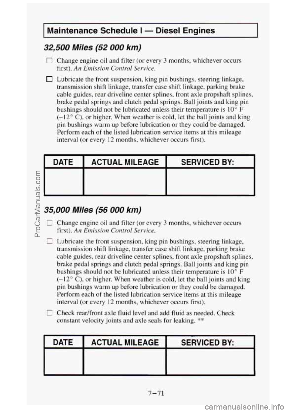 GMC SIERRA 1995 Owners Manual I Maintenance Schedule I - Diesel Engines I
32,500 Miles (52 000 km)
0 Change engine oil and filter (or every 3 months, whichever occurs
first).
An Emission Control Service.
Lubricate GMC SIERRA 1995 Owners Manual I Maintenance Schedule I - Diesel Engines I
32,500 Miles (52 000 km)
0 Change engine oil and filter (or every 3 months, whichever occurs
first).
An Emission Control Service.
Lubricate