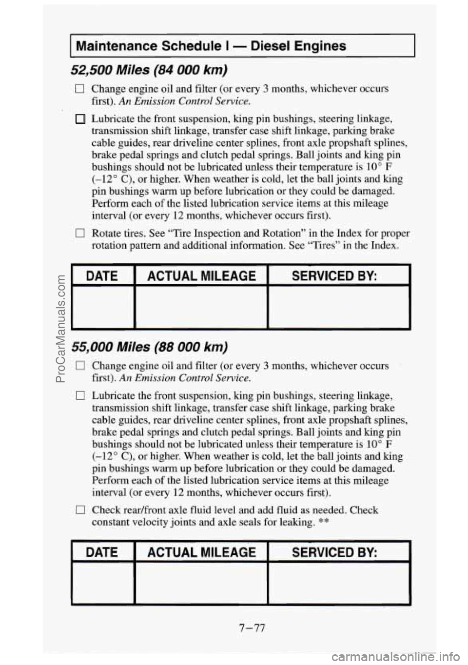 GMC SIERRA 1995 Owners Manual I Maintenance Schedule I - Diesel Engines I
52,500 Miles (84 000 km)
0
0
Change engine oil and filter (or every 3 months, whichever occurs
first).
An Emission Control Service.
Lubrica GMC SIERRA 1995 Owners Manual I Maintenance Schedule I - Diesel Engines I
52,500 Miles (84 000 km)
0
0
Change engine oil and filter (or every 3 months, whichever occurs
first).
An Emission Control Service.
Lubrica