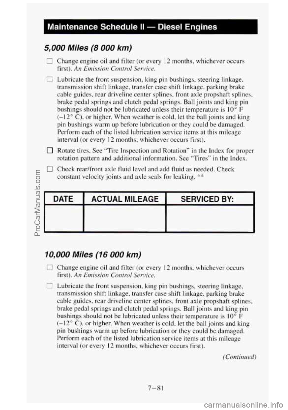 GMC SIERRA 1995 Owners Manual Maintenance Schedule II - Diesel Engines
5,000 Miles (8 000 km)
3 Change engine oil and filter (or every 12 months, whichever occurs
first).
An Ernissior? Control Senlice.
G Lubricate the f GMC SIERRA 1995 Owners Manual Maintenance Schedule II - Diesel Engines
5,000 Miles (8 000 km)
3 Change engine oil and filter (or every 12 months, whichever occurs
first).
An Ernissior? Control Senlice.
G Lubricate the f