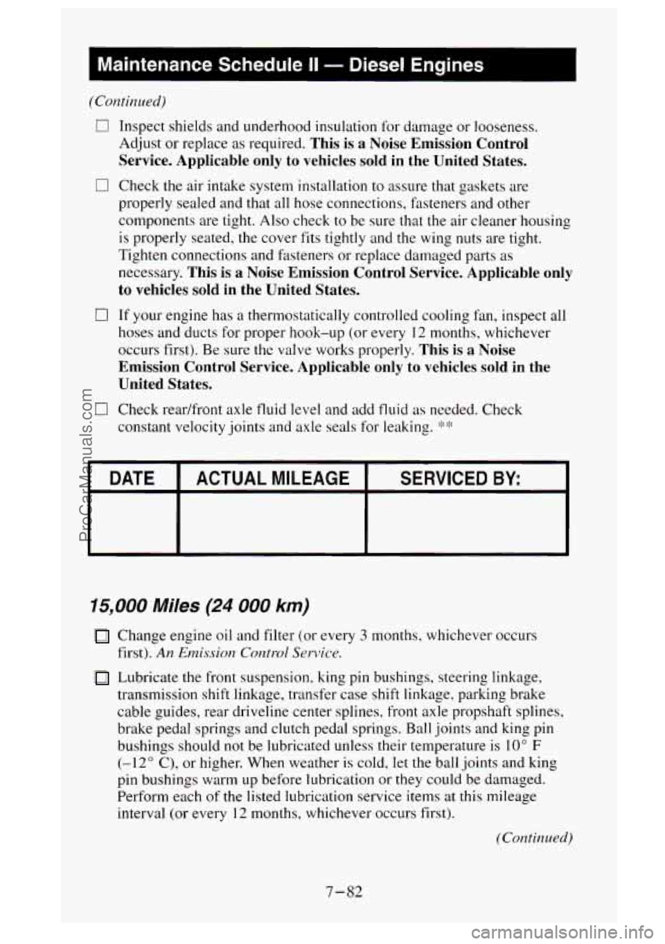 GMC SIERRA 1995 Owners Manual I Maintenance Schedule II - Diesel Engines
(Continued)
0 Inspect shields and underhood insulation for damage or looseness.
Adjust or replace
as required. This is a Noise Emission Control GMC SIERRA 1995 Owners Manual I Maintenance Schedule II - Diesel Engines
(Continued)
0 Inspect shields and underhood insulation for damage or looseness.
Adjust or replace
as required. This is a Noise Emission Control