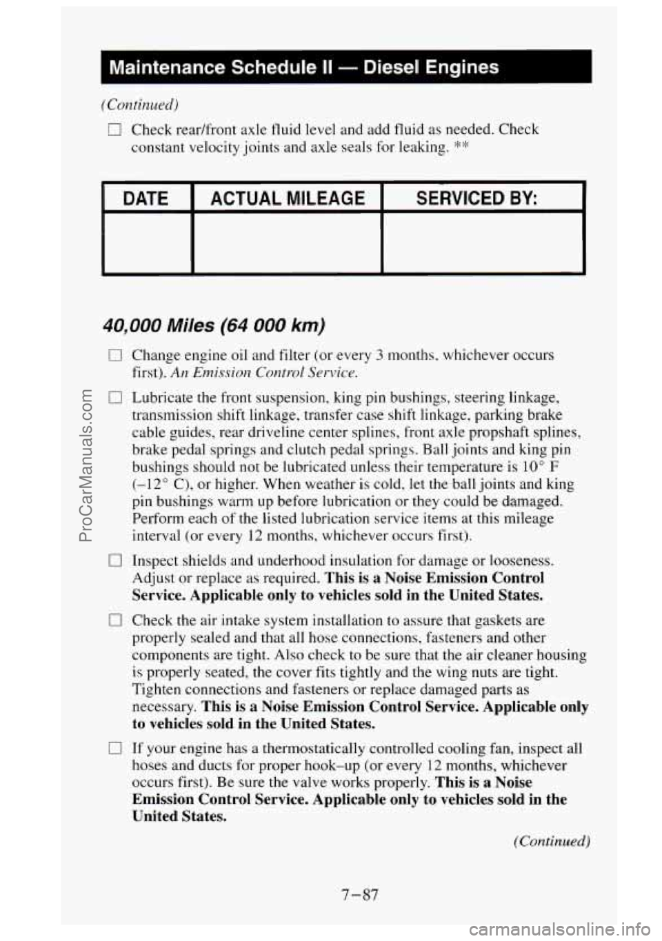 GMC SIERRA 1995 Owners Manual I Maintenance Schedule II - Diesel Engines I
(Continued)
0 Check readfront axle fluid level and add fluid as needed. Check
constant velocity joints and axle seals for leaking.
*%
I DATE I GMC SIERRA 1995 Owners Manual I Maintenance Schedule II - Diesel Engines I
(Continued)
0 Check readfront axle fluid level and add fluid as needed. Check
constant velocity joints and axle seals for leaking.
*%
I DATE I