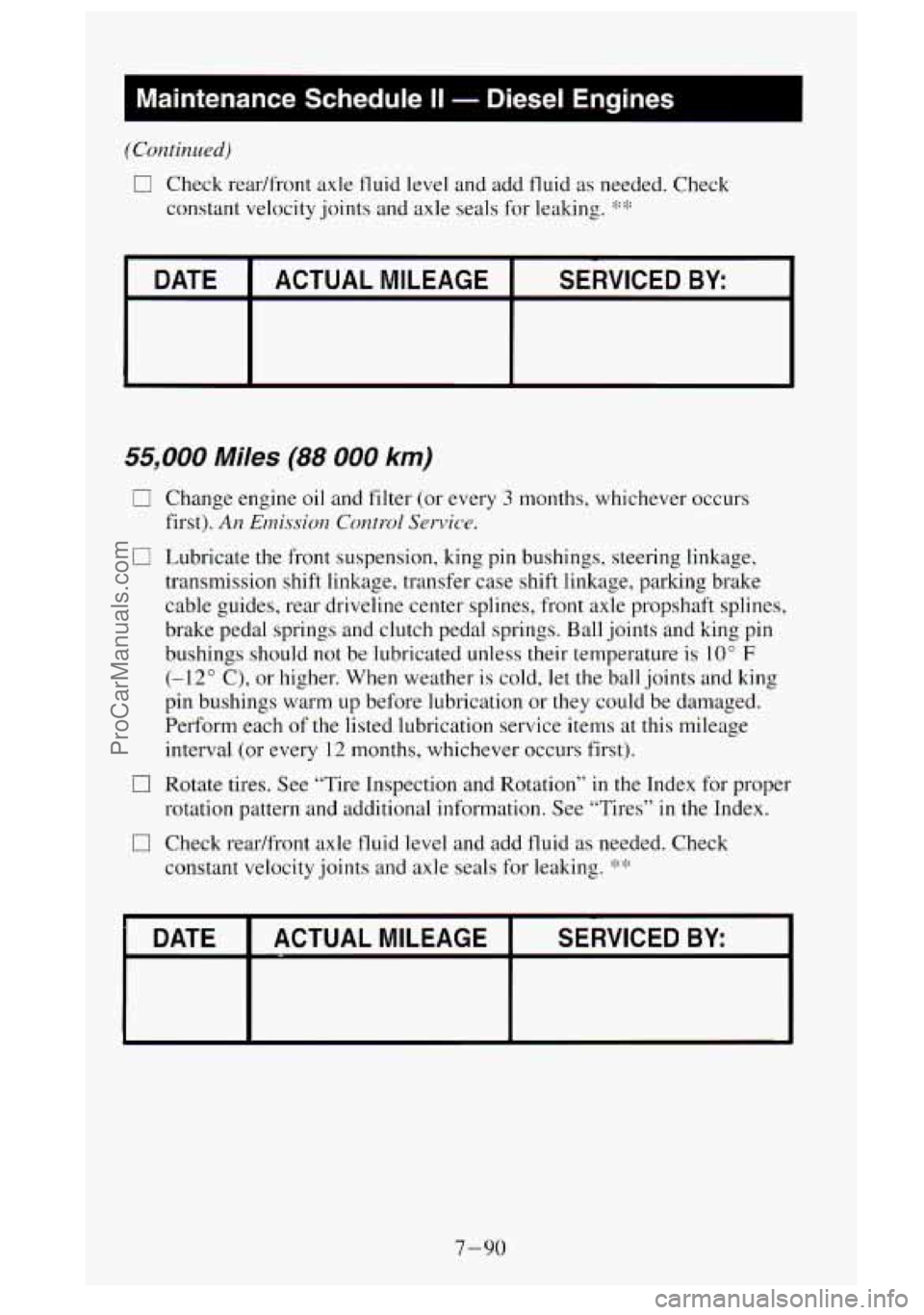 GMC SIERRA 1995 Owners Manual Maintenance Schedule II - Diesel Engines I-
(Continued)
0 Check rear/fi-ont axle fluid level and add fluid as needed. Check
constant velocity joints and axle seals for leaking.
‘!”:’ GMC SIERRA 1995 Owners Manual Maintenance Schedule II - Diesel Engines I-
(Continued)
0 Check rear/fi-ont axle fluid level and add fluid as needed. Check
constant velocity joints and axle seals for leaking.
‘!”:’