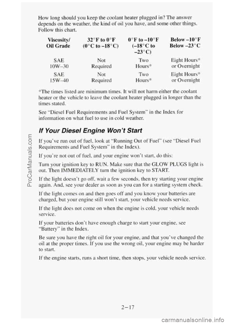 GMC SIERRA 1995  Owners Manual How long  should  you keep  the  coolant  heater plugged in? The answer 
depends  on the weather, 
the kind of oil  you  have, and  some  other  things. 
Follow  this  chart. 
Viscosity/ 
Oil Grade 
S