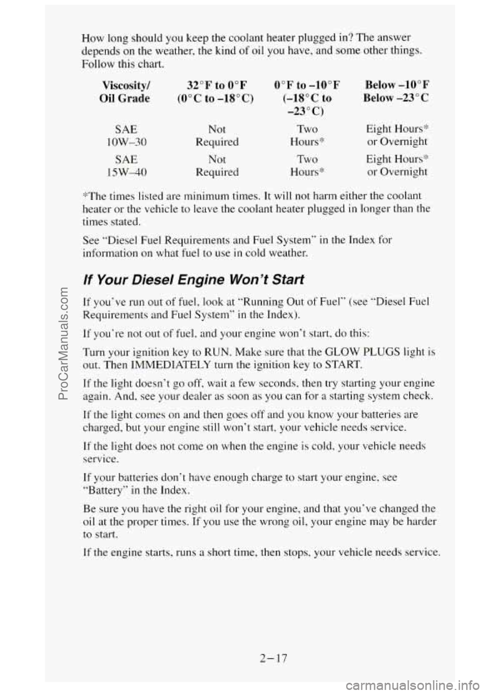 GMC SIERRA 1995 Manual PDF How long should you keep the coolant heater plugged in? The answer
depends on the weather,
the kind of oil you have, and some other things.
Follow this chart.
Viscosity/
Oil Grade
S GMC SIERRA 1995 Manual PDF How long should you keep the coolant heater plugged in? The answer
depends on the weather,
the kind of oil you have, and some other things.
Follow this chart.
Viscosity/
Oil Grade
S