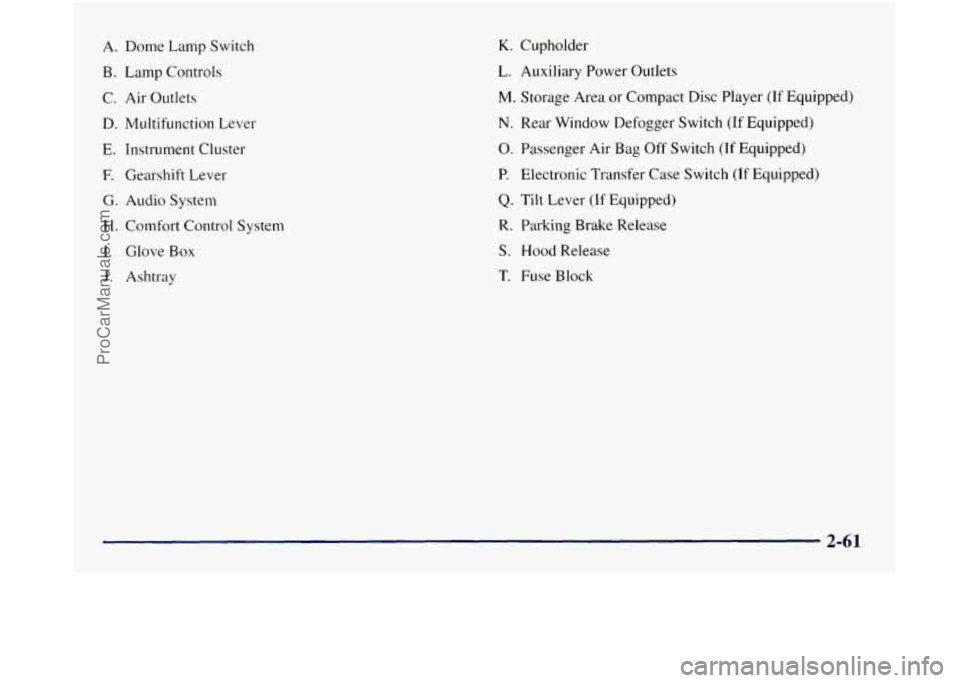 GMC SIERRA 1998 Owners Manual A. Dome Lamp Switch
B. Lamp Controls
C. Air Outlets
D. Multifunction Lever
E. Instrument Cluster
F. Gearshift Lever
G. Audio System
H. Comfort Control System
I. Glove Box
J. Ashtray
K GMC SIERRA 1998 Owners Manual A. Dome Lamp Switch
B. Lamp Controls
C. Air Outlets
D. Multifunction Lever
E. Instrument Cluster
F. Gearshift Lever
G. Audio System
H. Comfort Control System
I. Glove Box
J. Ashtray
K