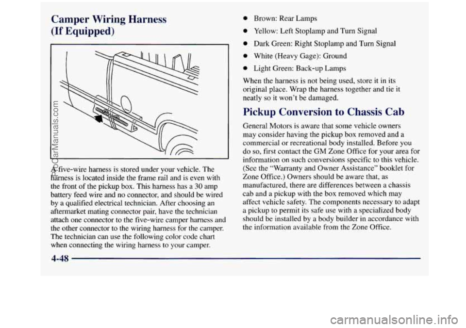 GMC SIERRA 1998 Owners Manual Camper Wiring Harness
(If Equipped)
~~~
A five-wire harness is stored under your vehicle. The
harness is located inside the frame rail and is even with
the front of the pickup box. This GMC SIERRA 1998 Owners Manual Camper Wiring Harness
(If Equipped)
~~~
A five-wire harness is stored under your vehicle. The
harness is located inside the frame rail and is even with
the front of the pickup box. This