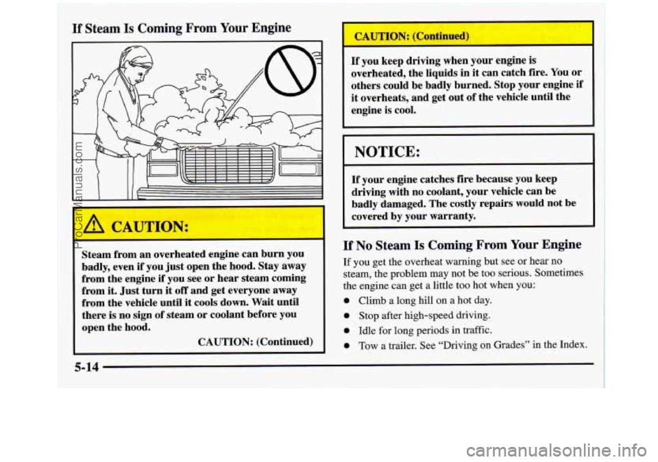 GMC SIERRA 1998 Owners Manual If Steam Is Coming From Your Engine
I
Steam from an overheated engine can burn you
badly, even if you just open the hood. Stay away
from the engine
if you see or hear steam comin GMC SIERRA 1998 Owners Manual If Steam Is Coming From Your Engine
I
Steam from an overheated engine can burn you
badly, even if you just open the hood. Stay away
from the engine
if you see or hear steam comin