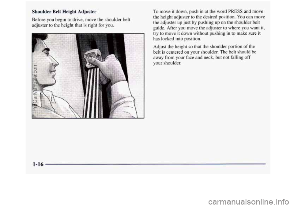 GMC SIERRA 1998 Owners Manual Shoulder Belt Height  Adjuster 
Before  you begin to  drive, move the shoulder  belt 
adjuster  to the height that 
is right for you. 
To move it down, push in  at the  word PRESS and  move 
the heigh