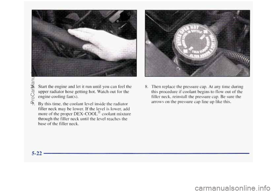 GMC SIERRA 1998  Owners Manual 6. Start the engine and  let it run until you can feel  the 
upper radiator hose getting hot.  Watch out 
for the 
engine  cooling 
fan(s). 
7. By this time,  the coolant  level inside  the r d d mo