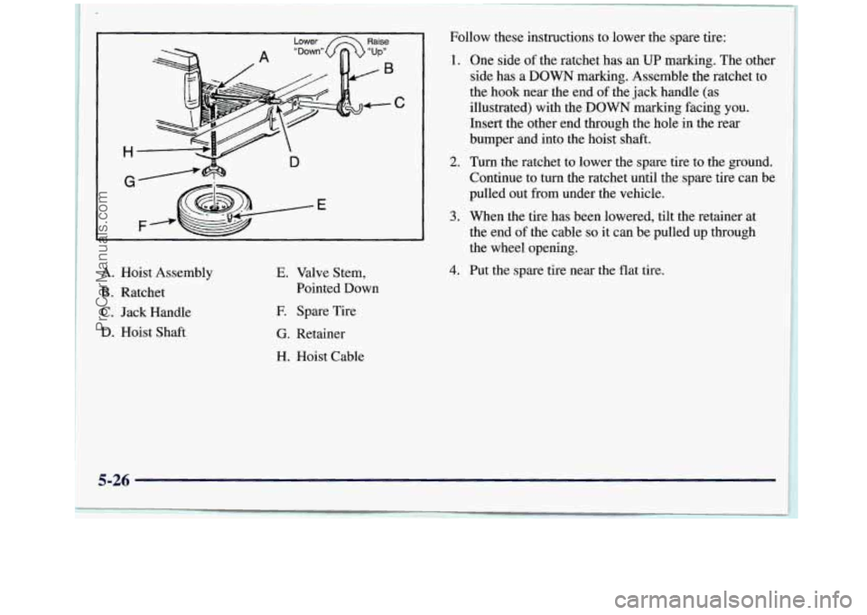 GMC SIERRA 1998  Owners Manual A. Hoist  Assembly 
€3. Ratchet 
C. Jack Handle 
D. Hoist  Shaft 
E. Valve  Stem, 
Pointed Down 
E Spare  Tire 
G. Retainer 
H. Hoist Cable  Follow 
these instructions  to lower the  spare tire: 
1.